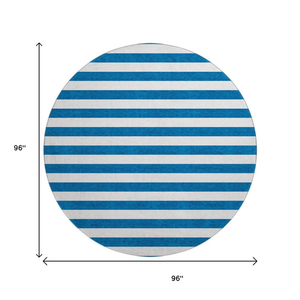 HomeRoots 8' Navy Blue And Ivory Striped Washable Round Rug - Stain Resistant, UV Protected, Easy-Care Design 647611