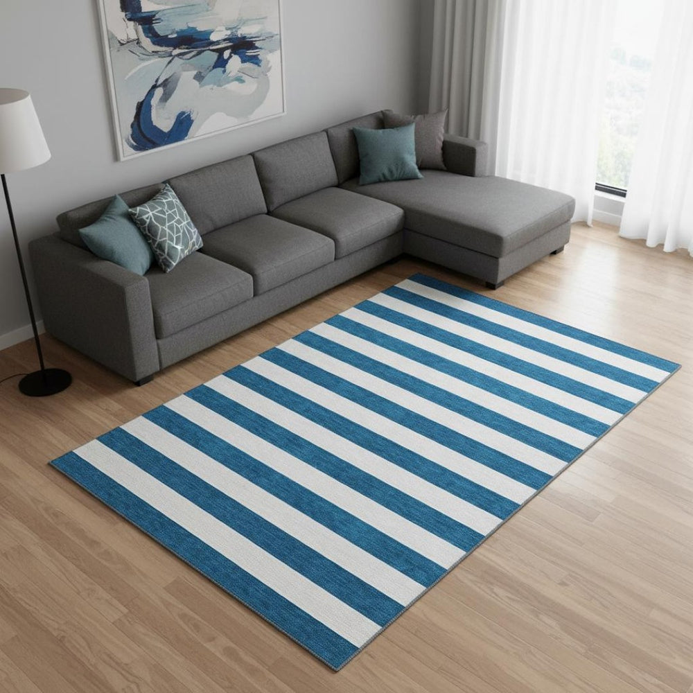 HomeRoots 8' X 10' Navy Blue & Ivory Striped Washable Area Rug - Durable, UV Protected, Perfect for Family Spaces! 647612