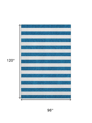 HomeRoots 8' X 10' Navy Blue & Ivory Striped Washable Area Rug - Durable, UV Protected, Perfect for Family Spaces! 647612