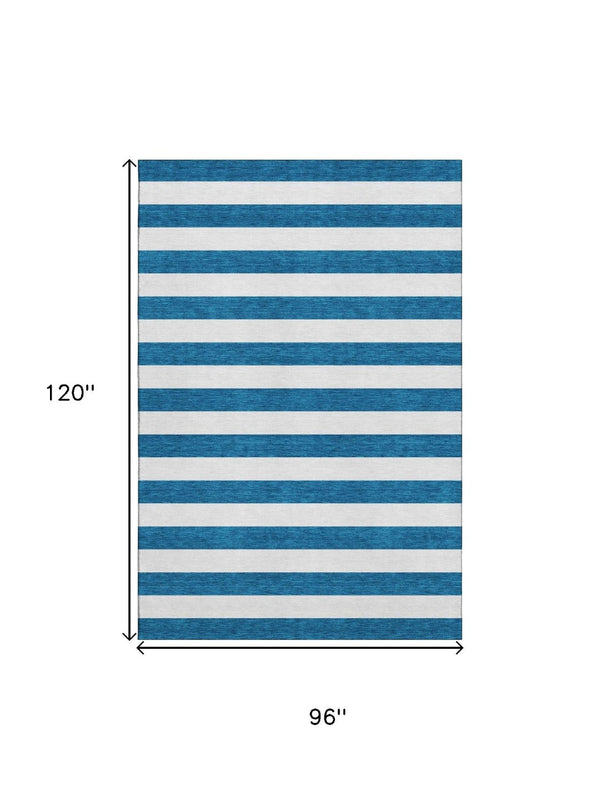 HomeRoots 8' X 10' Navy Blue & Ivory Striped Washable Area Rug - Durable, UV Protected, Perfect for Family Spaces! 647612