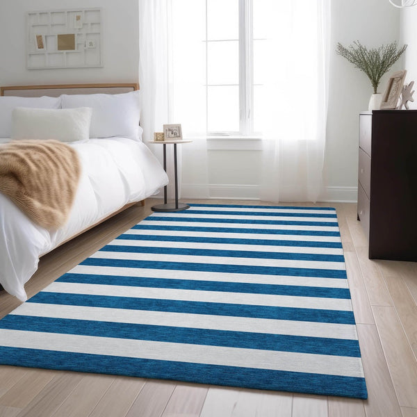 HomeRoots 9' Navy Blue & Ivory Striped Washable Area Rug - UV Protected, Stain Resistant, Perfect for Homes! 647613