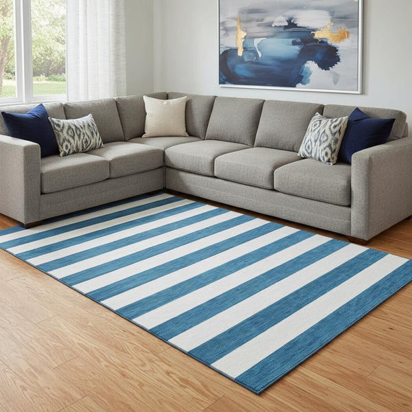 HomeRoots 9' Navy Blue & Ivory Striped Washable Area Rug - UV Protected, Stain Resistant, Perfect for Homes! 647613