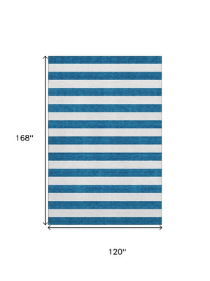 HomeRoots 10' Navy Blue & Ivory Striped Washable Area Rug - UV Protected, Durable, Stain Resistant for High-Traffic Areas 647614