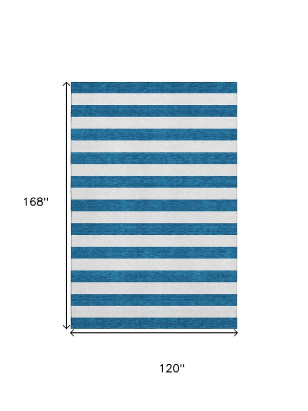 HomeRoots 10' Navy Blue & Ivory Striped Washable Area Rug - UV Protected, Durable, Stain Resistant for High-Traffic Areas 647614