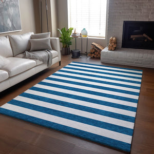 HomeRoots 10' Navy Blue & Ivory Striped Washable Area Rug - UV Protected, Durable, Stain Resistant for High-Traffic Areas 647614