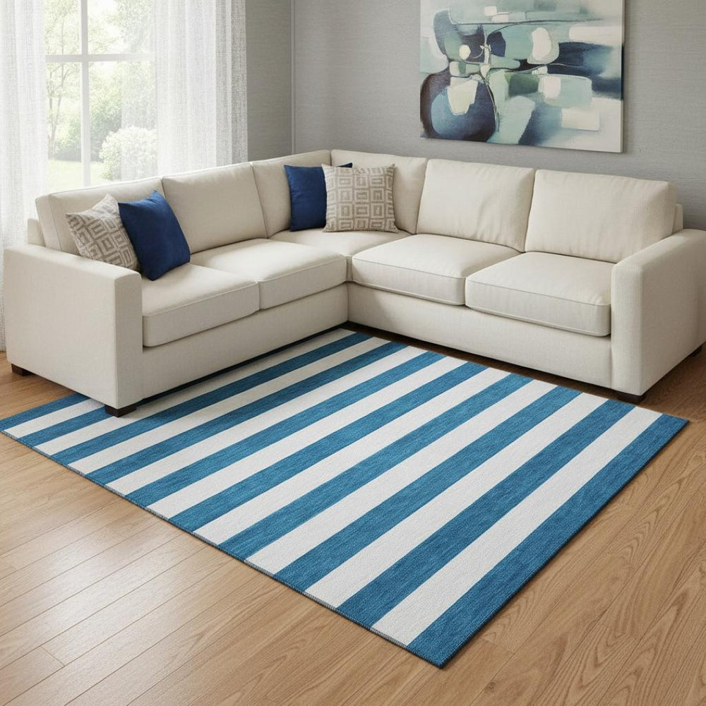 HomeRoots 10' Navy Blue & Ivory Striped Washable Area Rug - UV Protected, Durable, Stain Resistant for High-Traffic Areas 647614