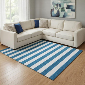 HomeRoots 10' Navy Blue & Ivory Striped Washable Area Rug - UV Protected, Durable, Stain Resistant for High-Traffic Areas 647614