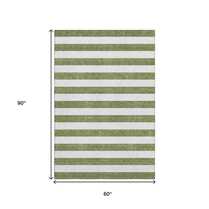 HomeRoots 5' X 8' Olive Green & Ivory Striped Washable Area Rug - UV Protected, Stain Resistant, Durable Design 647616