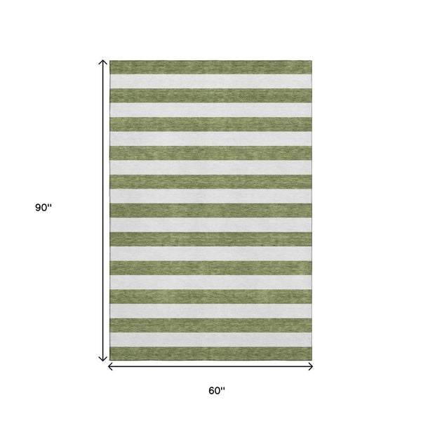 HomeRoots 5' X 8' Olive Green & Ivory Striped Washable Area Rug - UV Protected, Stain Resistant, Durable Design 647616