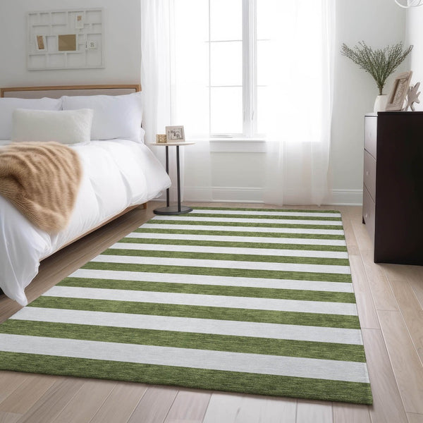 HomeRoots 5' X 8' Olive Green & Ivory Striped Washable Area Rug - UV Protected, Stain Resistant, Durable Design 647616