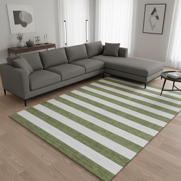 HomeRoots 5' X 8' Olive Green & Ivory Striped Washable Area Rug - UV Protected, Stain Resistant, Durable Design 647616