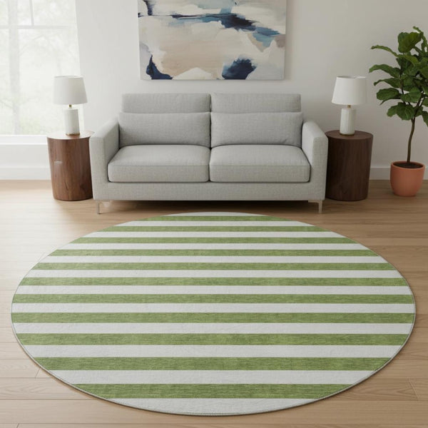 HomeRoots 8' Olive Green and Ivory Striped Round Rug - Washable, UV-Protected, Durable for High-Traffic Spaces 647617
