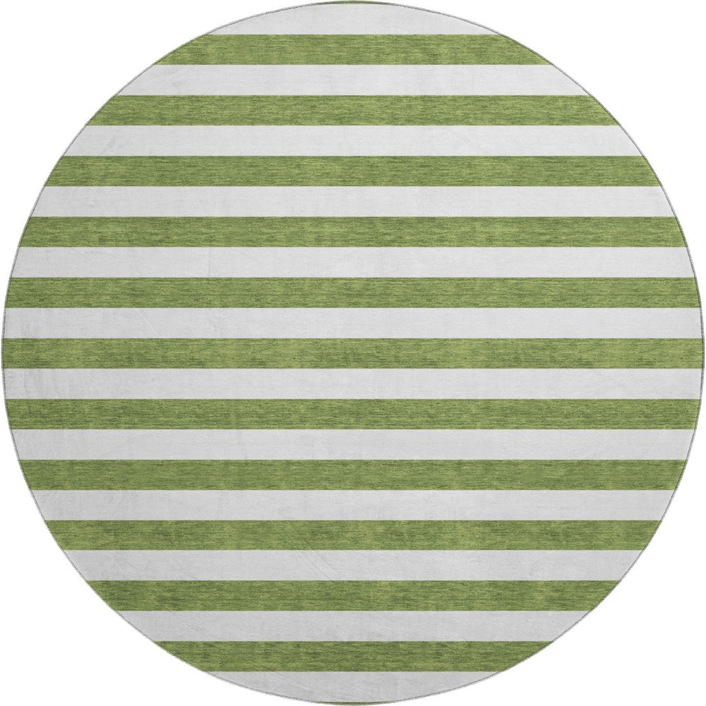HomeRoots 8' Olive Green and Ivory Striped Round Rug - Washable, UV-Protected, Durable for High-Traffic Spaces 647617