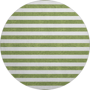 HomeRoots 8' Olive Green and Ivory Striped Round Rug - Washable, UV-Protected, Durable for High-Traffic Spaces 647617