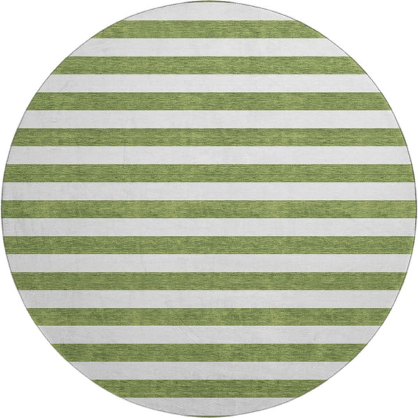 HomeRoots 8' Olive Green and Ivory Striped Round Rug - Washable, UV-Protected, Durable for High-Traffic Spaces 647617