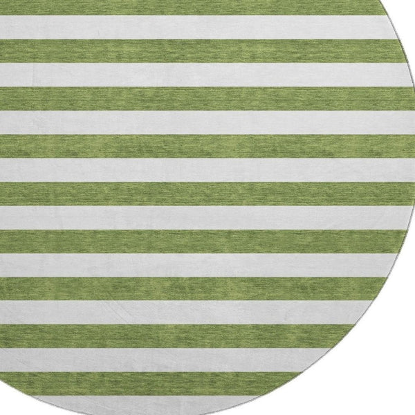 HomeRoots 8' Olive Green and Ivory Striped Round Rug - Washable, UV-Protected, Durable for High-Traffic Spaces 647617