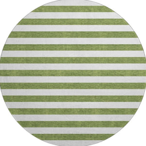 HomeRoots 8' Olive Green and Ivory Striped Round Rug - Washable, UV-Protected, Durable for High-Traffic Spaces 647617
