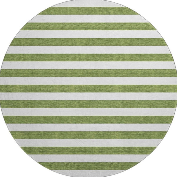 HomeRoots 8' Olive Green and Ivory Striped Round Rug - Washable, UV-Protected, Durable for High-Traffic Spaces 647617