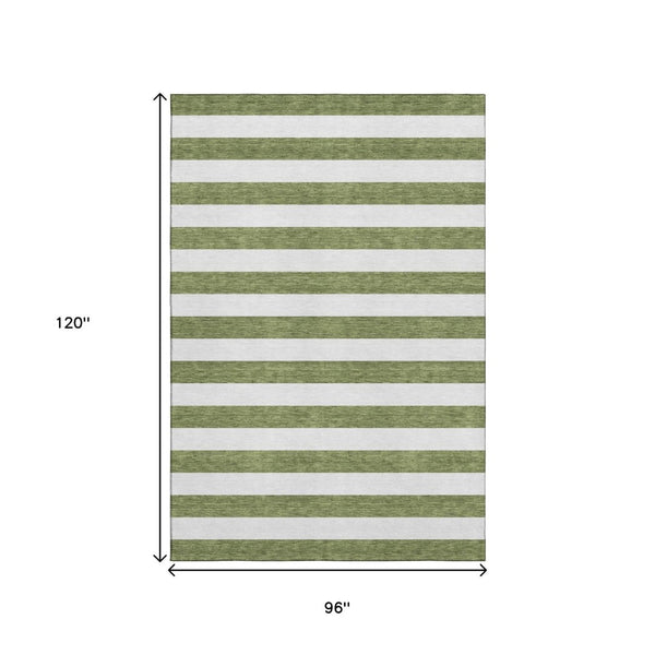 HomeRoots 8' X 10' Olive Green & Ivory Striped Washable Area Rug – UV Protected, Durable, Easy-Care Solution 647618