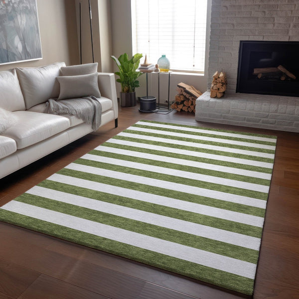 HomeRoots 8' X 10' Olive Green & Ivory Striped Washable Area Rug – UV Protected, Durable, Easy-Care Solution 647618