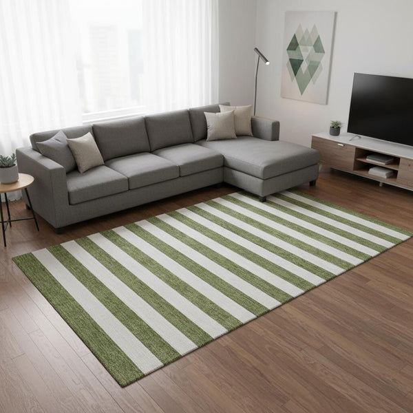 HomeRoots 8' X 10' Olive Green & Ivory Striped Washable Area Rug – UV Protected, Durable, Easy-Care Solution 647618