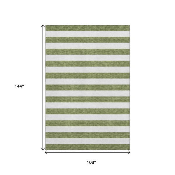 HomeRoots 9' Olive Green and Ivory Striped Washable Area Rug - UV Protected, Durable, and Easy Care Design! 647619