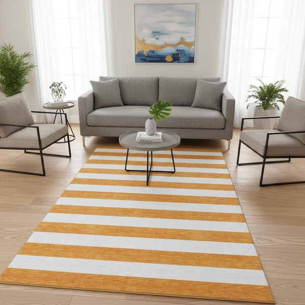 HomeRoots 5' Orange and Ivory Striped Washable Area Rug - UV Protected, Stain-Resistant, Perfect for Any Room! 647622