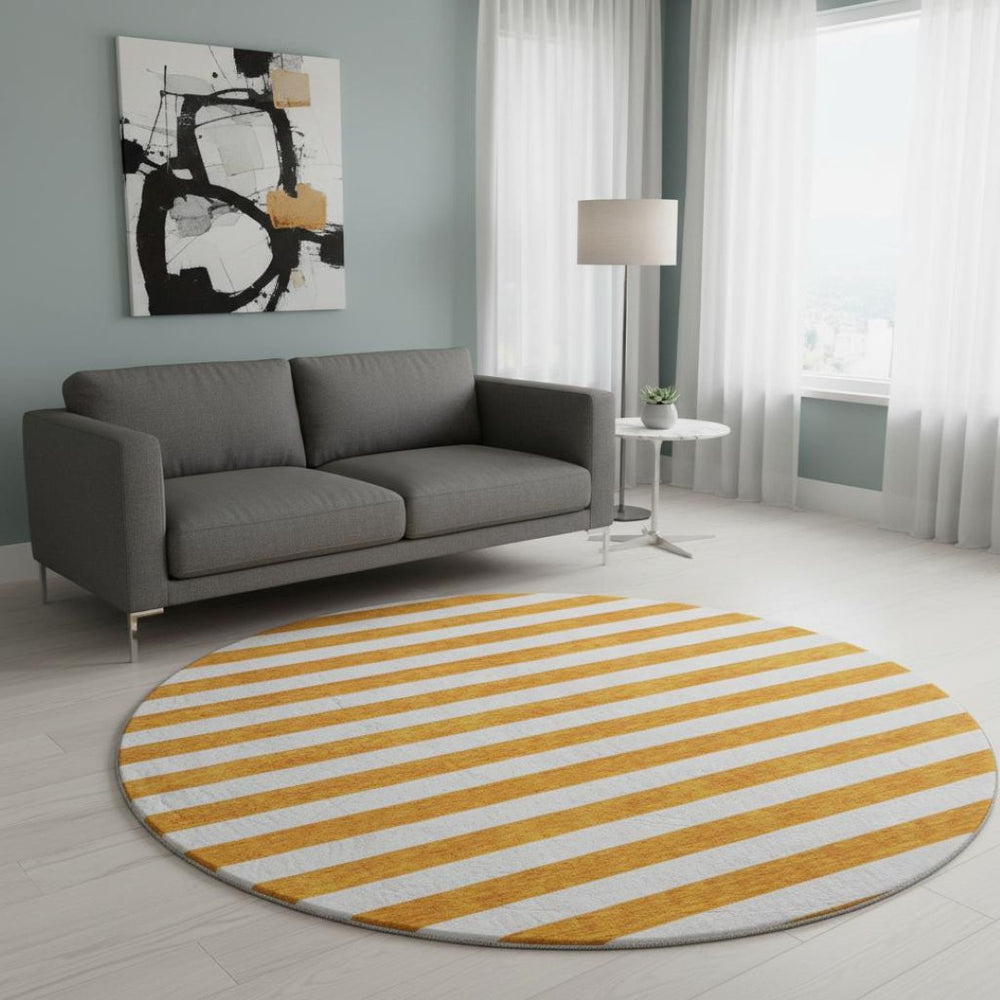 HomeRoots 8' Washable Round Rug in Bold Orange and Ivory Stripes – UV Protected, Stain Resistant, Durable Design 647623