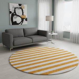HomeRoots 8' Washable Round Rug in Bold Orange and Ivory Stripes – UV Protected, Stain Resistant, Durable Design 647623