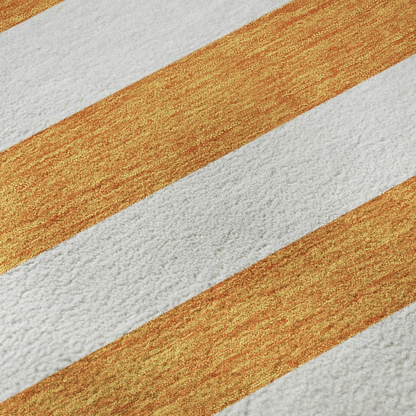 HomeRoots 8' Washable Round Rug in Bold Orange and Ivory Stripes – UV Protected, Stain Resistant, Durable Design 647623