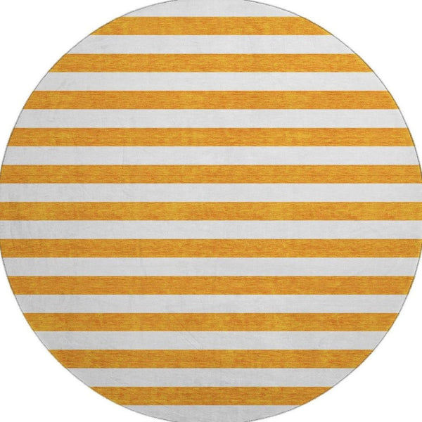 HomeRoots 8' Washable Round Rug in Bold Orange and Ivory Stripes – UV Protected, Stain Resistant, Durable Design 647623