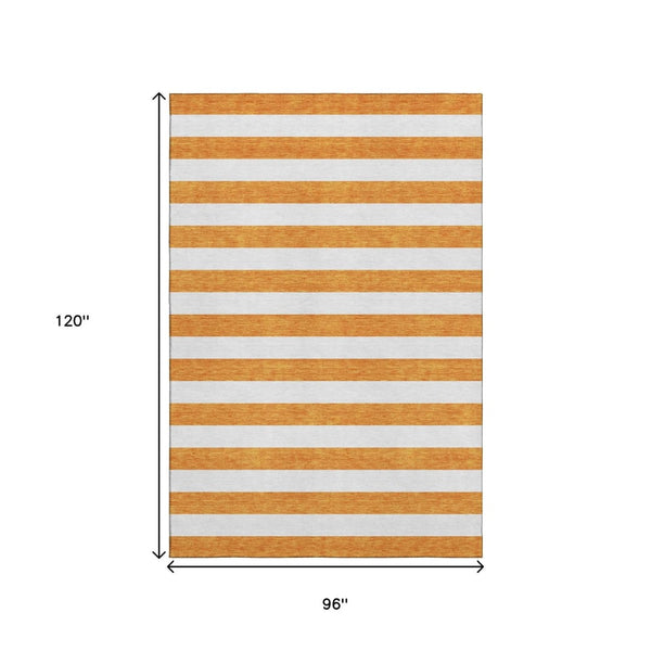 HomeRoots 8' X 10' Orange and Ivory Striped Washable Area Rug - Durable, UV-Protected, Stain-Resistant Design 647624