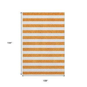 HomeRoots 9' X 12' Orange And Ivory Striped Washable Area Rug - UV Protected, Durable & Easy to Clean for Homes 647625