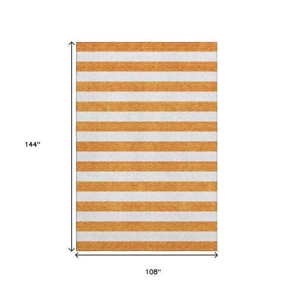 HomeRoots 9' X 12' Orange And Ivory Striped Washable Area Rug - UV Protected, Durable & Easy to Clean for Homes 647625