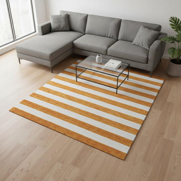 HomeRoots 10' X 14' Orange And Ivory Striped Area Rug - Washable, UV-Protected, Durable for High-Traffic Spaces 647626