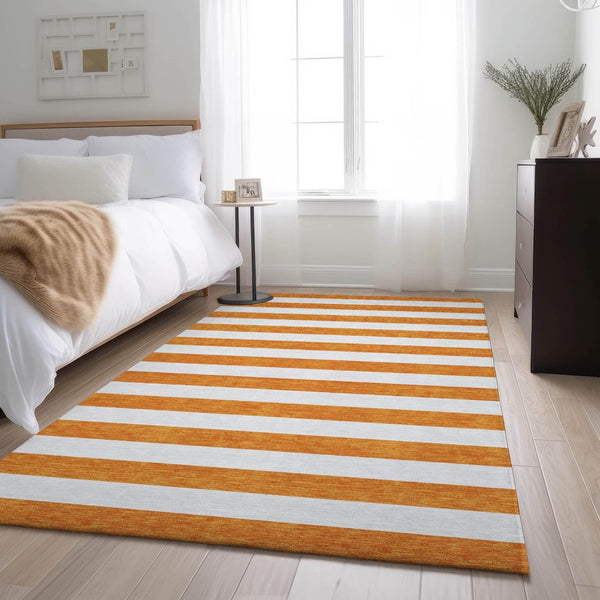 HomeRoots 10' X 14' Orange And Ivory Striped Area Rug - Washable, UV-Protected, Durable for High-Traffic Spaces 647626
