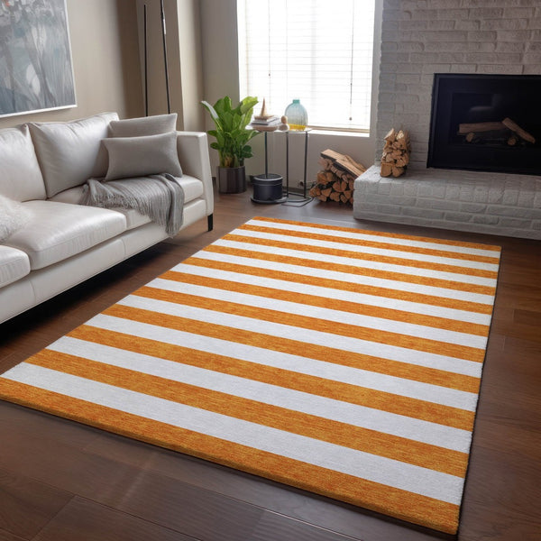 HomeRoots 10' X 14' Orange And Ivory Striped Area Rug - Washable, UV-Protected, Durable for High-Traffic Spaces 647626