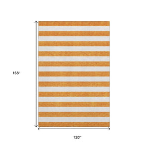 HomeRoots 10' X 14' Orange And Ivory Striped Area Rug - Washable, UV-Protected, Durable for High-Traffic Spaces 647626