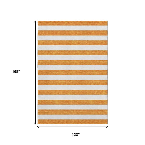 HomeRoots 10' X 14' Orange And Ivory Striped Area Rug - Washable, UV-Protected, Durable for High-Traffic Spaces 647626