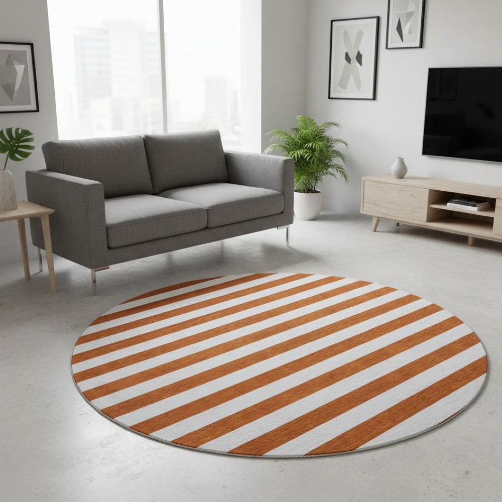 HomeRoots 8' Washable Round Rug in Rust and Ivory Stripes – Durable, Stain Resistant, UV Protected for Homes 647629