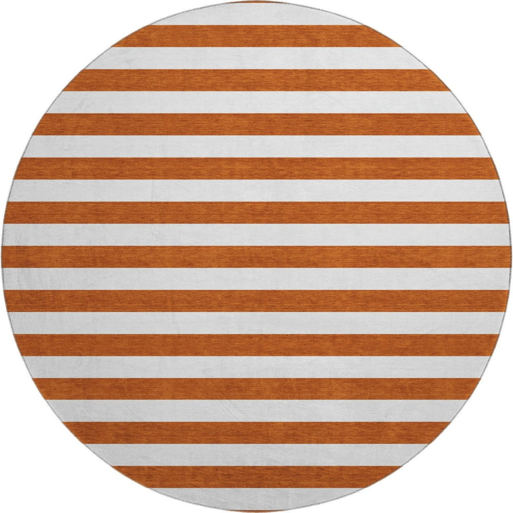 HomeRoots 8' Washable Round Rug in Rust and Ivory Stripes – Durable, Stain Resistant, UV Protected for Homes 647629
