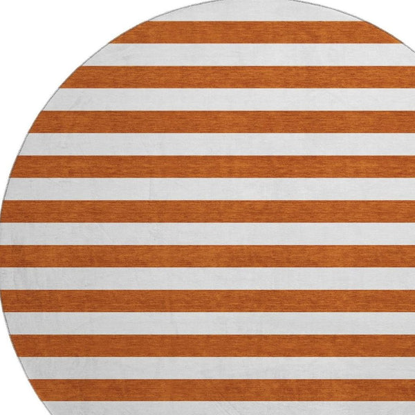 HomeRoots 8' Washable Round Rug in Rust and Ivory Stripes – Durable, Stain Resistant, UV Protected for Homes 647629