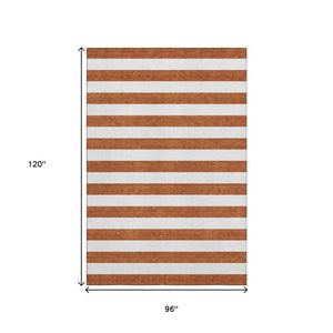 HomeRoots 8' X 10' Washable Rust and Ivory Striped Area Rug with UV Protection – Perfect for High-Traffic Spaces! 647630