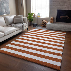 HomeRoots 8' X 10' Washable Rust and Ivory Striped Area Rug with UV Protection – Perfect for High-Traffic Spaces! 647630