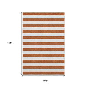 HomeRoots 9' X 12' Washable Area Rug with Rust and Ivory Stripes - Durable, Stylish, and UV Protected Design 647631