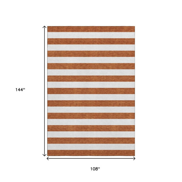 HomeRoots 9' X 12' Washable Area Rug with Rust and Ivory Stripes - Durable, Stylish, and UV Protected Design 647631