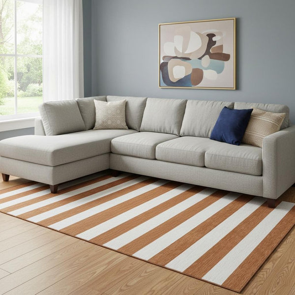 HomeRoots 9' X 12' Washable Area Rug with Rust and Ivory Stripes - Durable, Stylish, and UV Protected Design 647631
