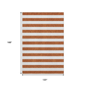 HomeRoots 10' X 14' Striped Washable Area Rug in Rust & Ivory, Durable, UV Protection, Perfect for Any Space 647632