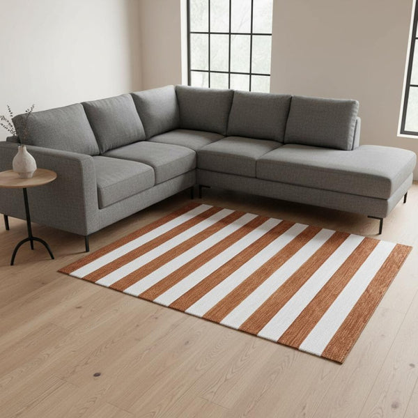 HomeRoots 10' X 14' Striped Washable Area Rug in Rust & Ivory, Durable, UV Protection, Perfect for Any Space 647632