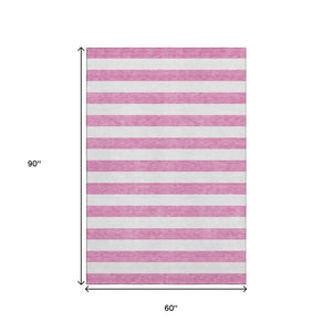 HomeRoots 5' Pink and Ivory Striped Area Rug - Washable, UV Protected, Kid & Pet Friendly for Stylish Spaces 647634